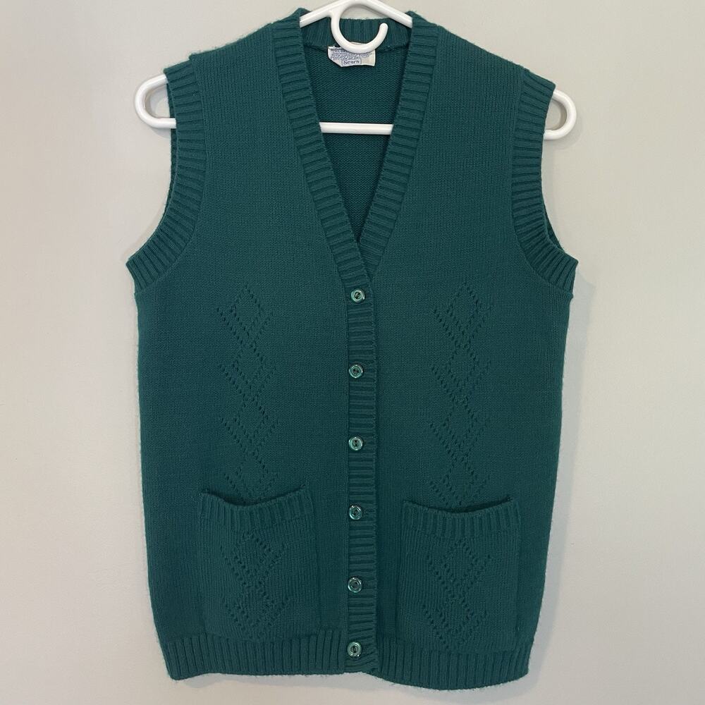 Vintage Sears Women's Sweater Vest Sears Green Size M Diamond Granny Cottagecore